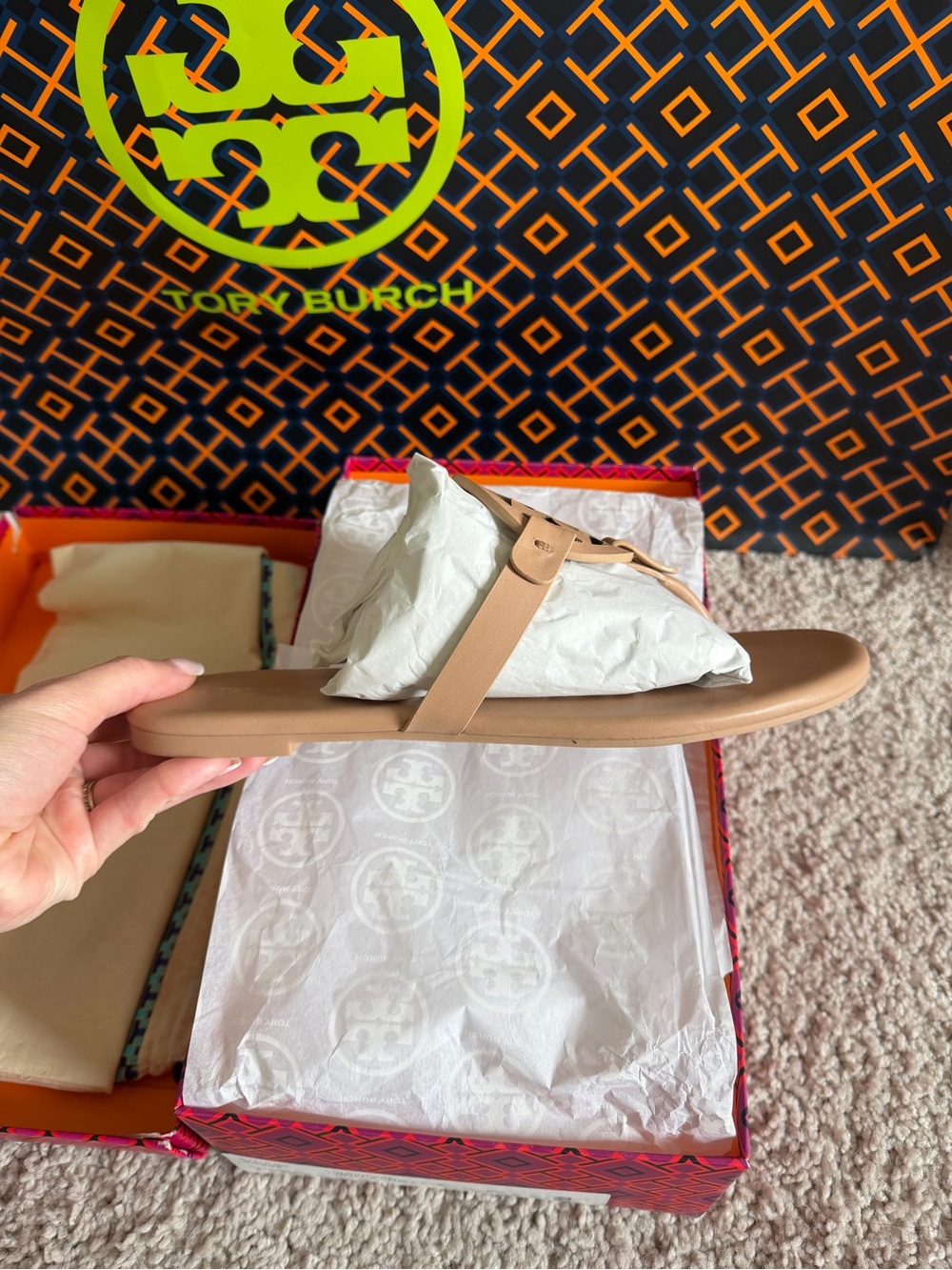 Tory Burch Miller Soft Leather Sandals Light Sand Size 8.5 Cream Pink - Picture 2 of 9